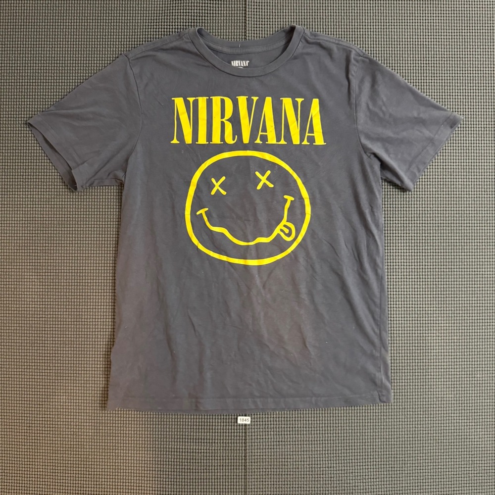 Nirvana Smiley Face Graphic T-Shirt Charcoal Gray Boys Size 14/16 Large